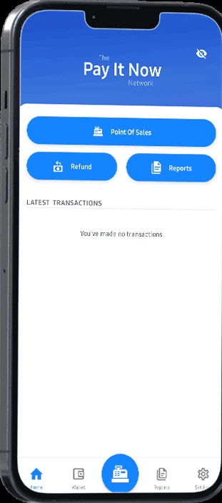 Pay It Now point-of-sale screen with refund and report actions