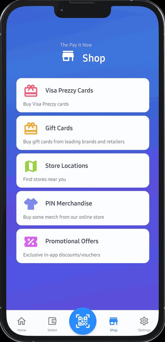 Pay It Now shop screen with gift cards and offers